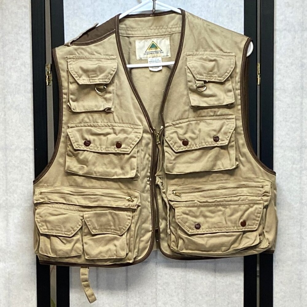Vintage Stansport Fish Vest 80s Utility Outdoor Hunt Angler Multi Pockets Tan L